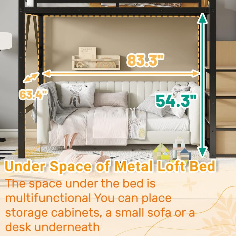 Full Size Loft Bed with Stairs and Storage, Metal Loft Bed Frame with Bedside Shelf and Large Under-Bed Space, Heavy-Duty Bed for Adults Teens and Kids, Black