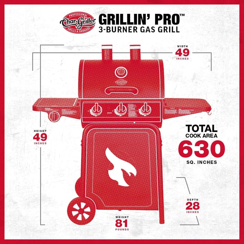 Char-Griller® Grillin' Pro 3-Burner Propane Gas Grill in Black with 40,800 BTU, Cast Iron Grates and Warming Racks, 630 Cooking Square Inches, Model E3001