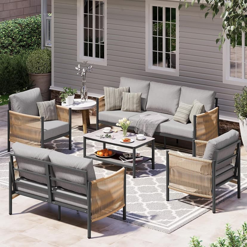 Aluminum Outdoor Patio Furniture Set, HDPE Rope 5 Piece Modern Sectional Conversation Sets with Dual-Layer Coffee Table, All Weather Patio Couch Sofa with Thick Cushions, Gray Frame, Gray