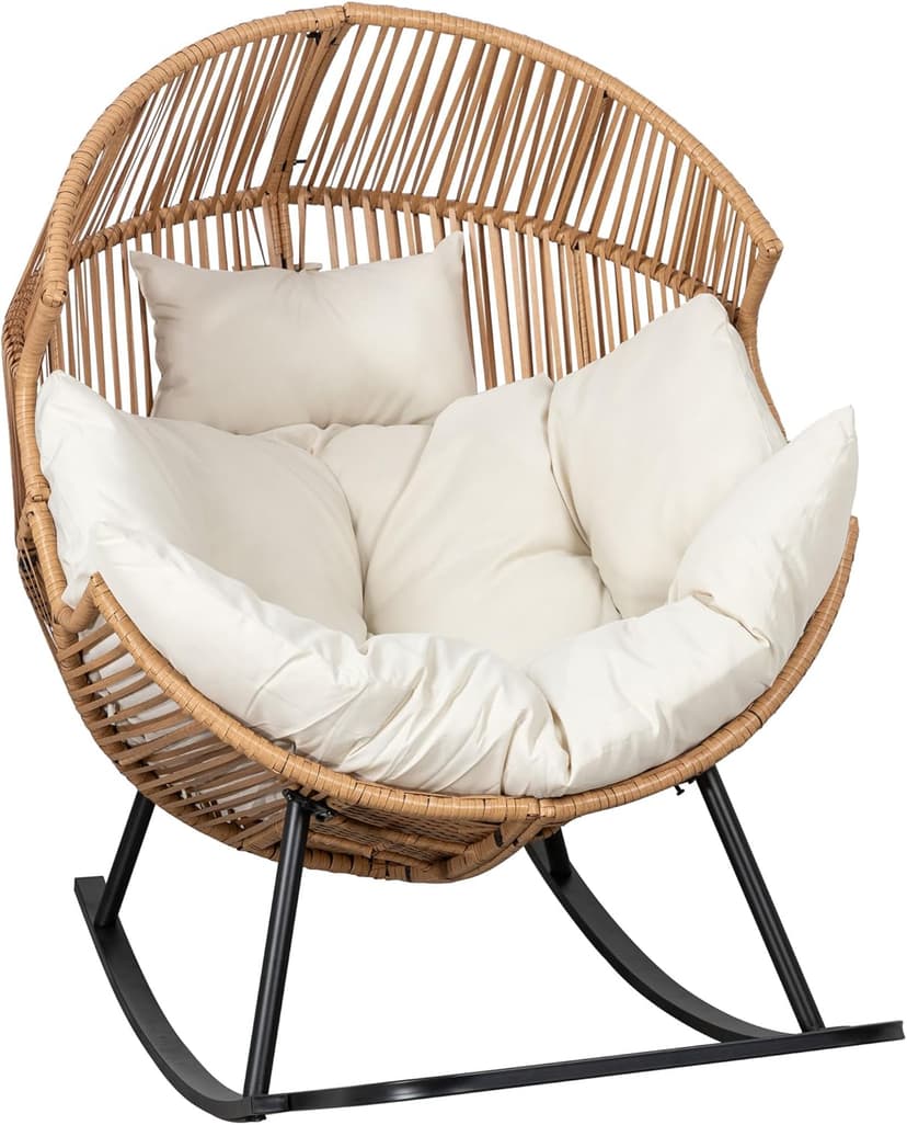 Shintenchi Wicker Egg Chair,Oversized Outdoor Indoor Rocking Chair,Large PE Rattan Rocking Chair with Cushion for Patio, Balcony, Backyard, Garden, Beige
