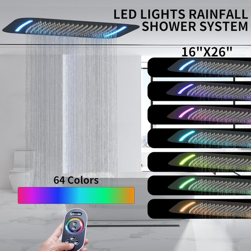 Matte Black Thermostatic Shower System Digital Display Full Body Shower System with 16 x 26 Inch Ceiling Rain LED Shower Head, Handheld Shower and 6 PCS Body Jets