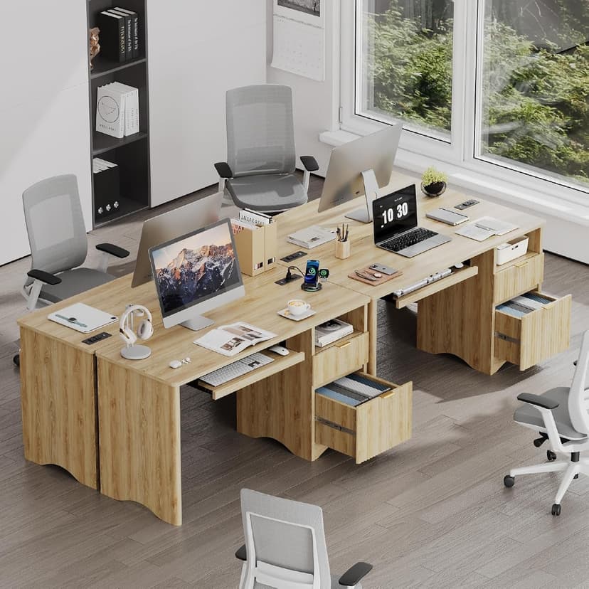 Bestier Computer Desk with Keyboard Tray, 55 inch Office Desk with Power Outlet, Modern Home Office Desk with File Drawer (Natual Oak, 55" W with Single-Sided Drawers)