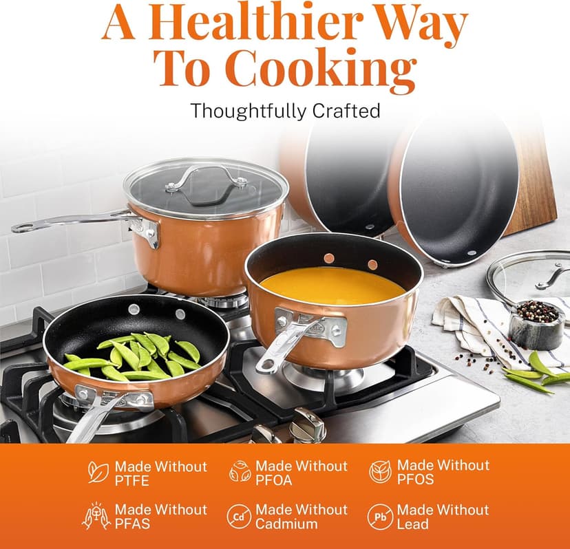 GOTHAM STEEL 10 Pc Copper Pots and Pans Set Non Stick Cookware Sets for Kitchen, Space Saving Pots and Pans with Fry Pan and Pot Set, Non Toxic, Nonstick Cookware Set, Oven and Dishwasher Safe