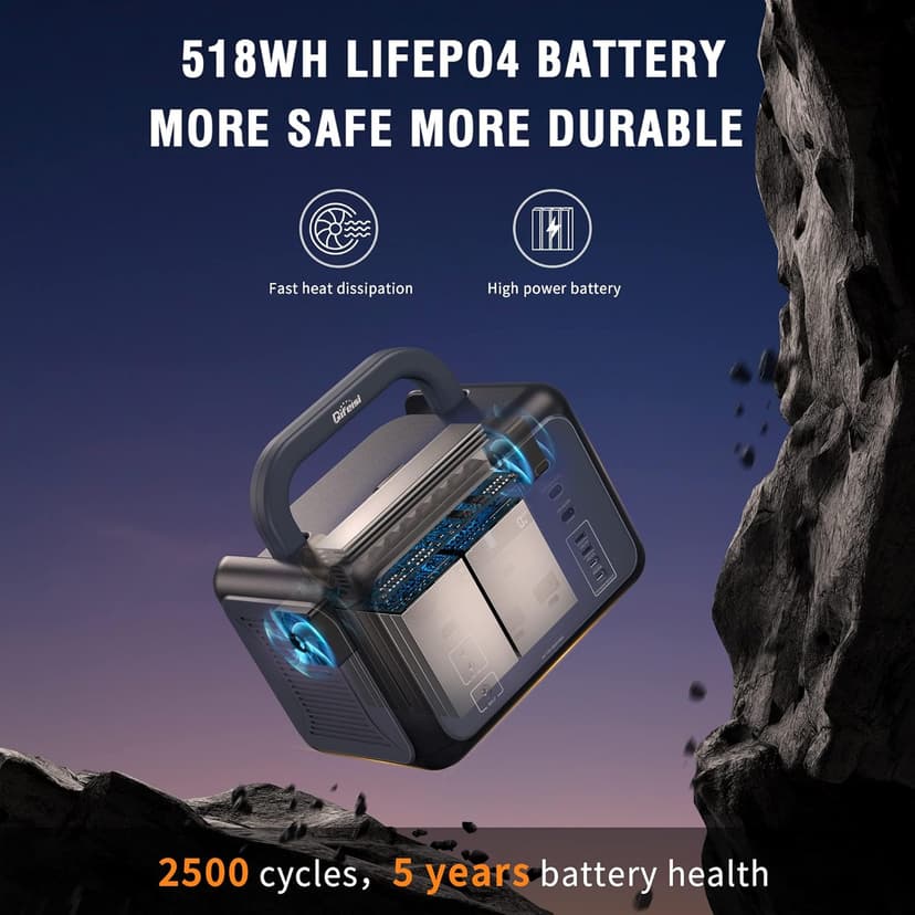 P500 Portable Power Station, 518Wh LiFePO4 Battery with 110V/500W Pure Sine Wave AC Outlets, PD 100W Output/Input, Solar Generator for Camping RV CAPA Home Emergency (Solar Panel Optional)