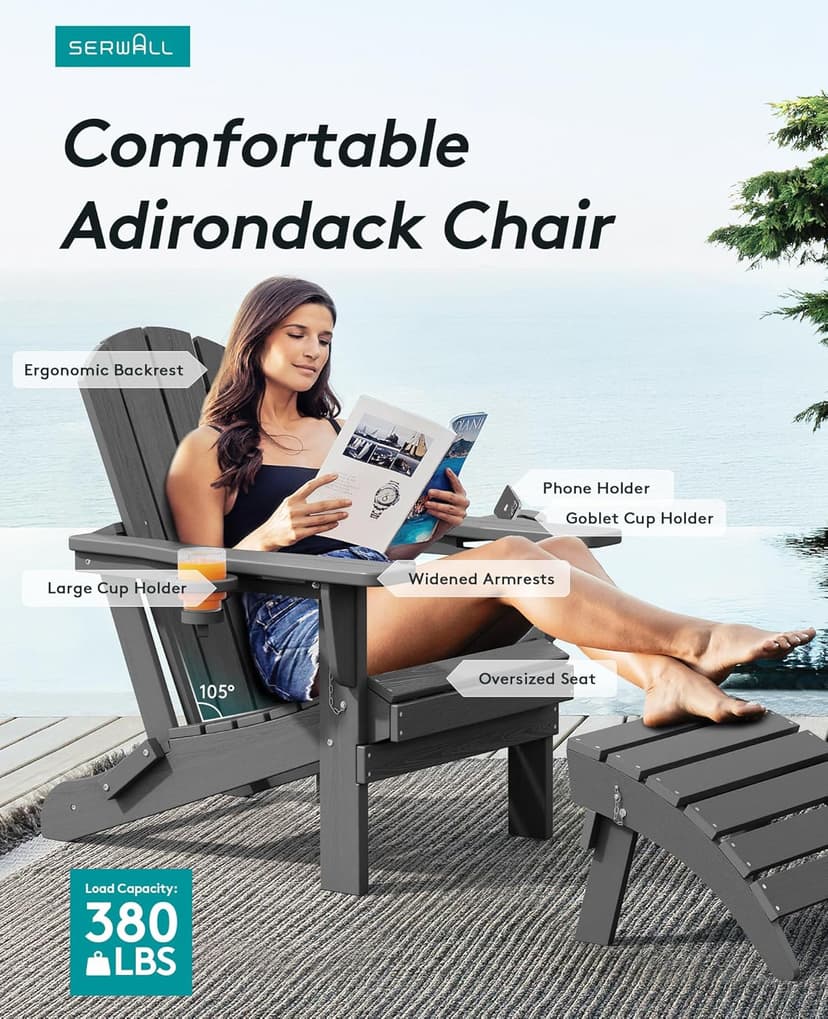 SERWALL Foldable Adirondack Chair, HDPE Adirondack Chair with Wood-Texture-Gray