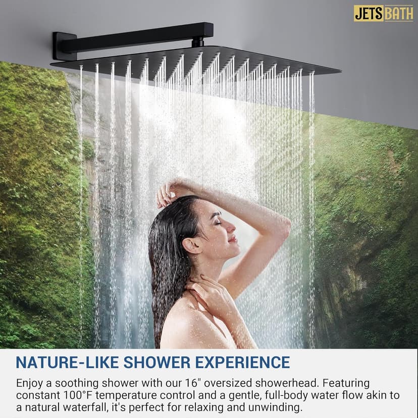 16” Thermostatic Rain Shower System with 6 Body Jets & 16-Inch Rainfall Shower Head, JetsBath Full Body Shower Faucet Sets with Valve & Handheld, Matte Black Luxury Wall Mount Shower Faucet Set