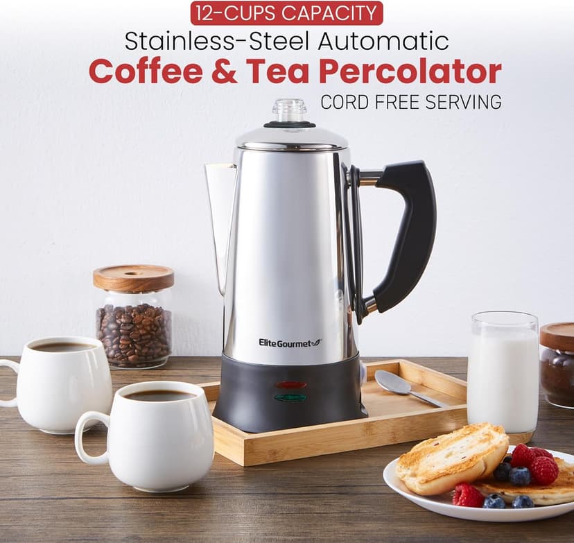 Elite Gourmet EC923 Electric Coffee Percolator, BPA Free, Keep Warm, Clear Brew Progress Knob, Cool-Touch Handle, Cordless Serve, 12-Cup, Stainless Steel