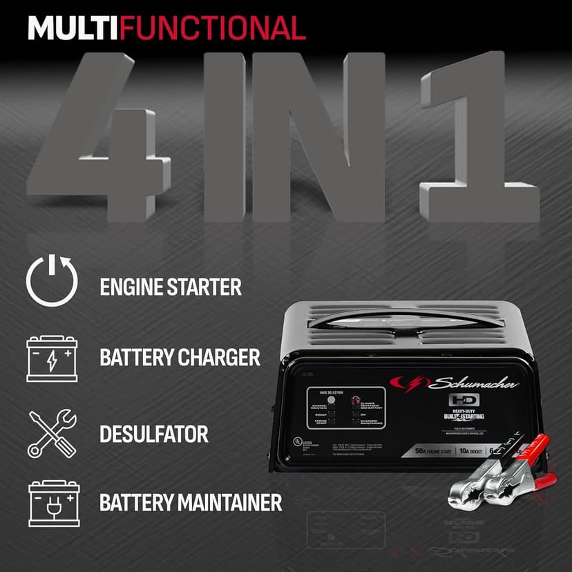 Schumacher Electric 6A Battery Charger and 50A Engine Starter, 4-in-1 Solution for 12V Batteries, Battery Maintainer, 10A Boost, SC1305, for Car, SUV, Truck, and Marine Batteries