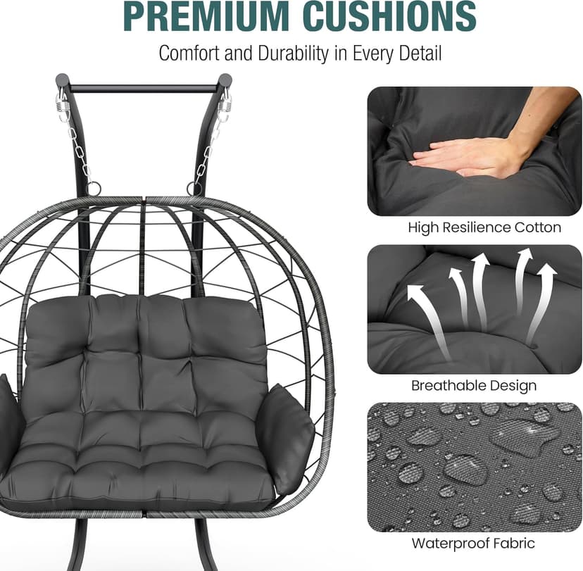Pamapic Double Egg Chair wth Stand, 700 LBS Loveseat Rattan Swing Chair, UV Resistant Cushions with Armrests and Headrest, Thick Steel Frame Hammock Swing for Outdoor, Patio, Indoor(Grey)