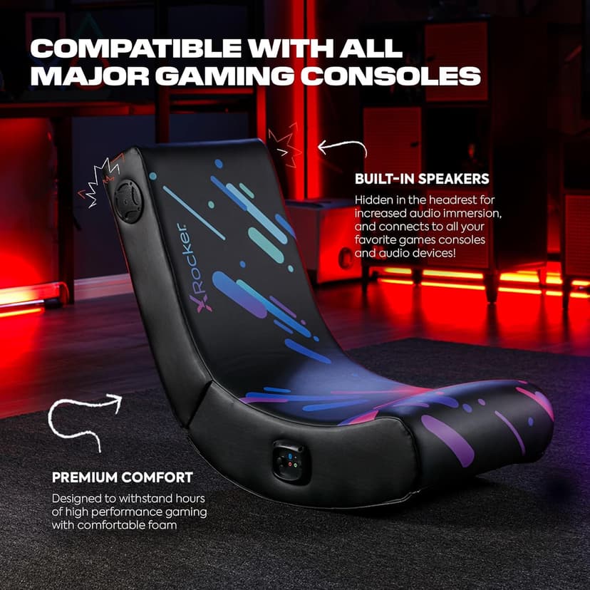 X Rocker Pixel Youth Video Gaming Floor Rocker Chair, Back to School Gifts for Gamers, Bedroom, Foldable, Black with Print