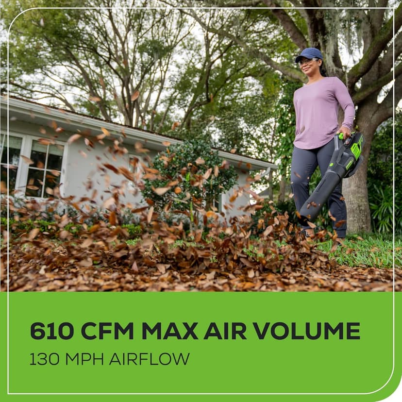 Greenworks 60V (610 CFM / 130 MPH) Cordless Leaf Blower, High Power, Lightweight & Quiet Operation for Wet Leaves, Driveways and Dense Gravel, Includes 2.5Ah Battery & 5A Rapid Charger