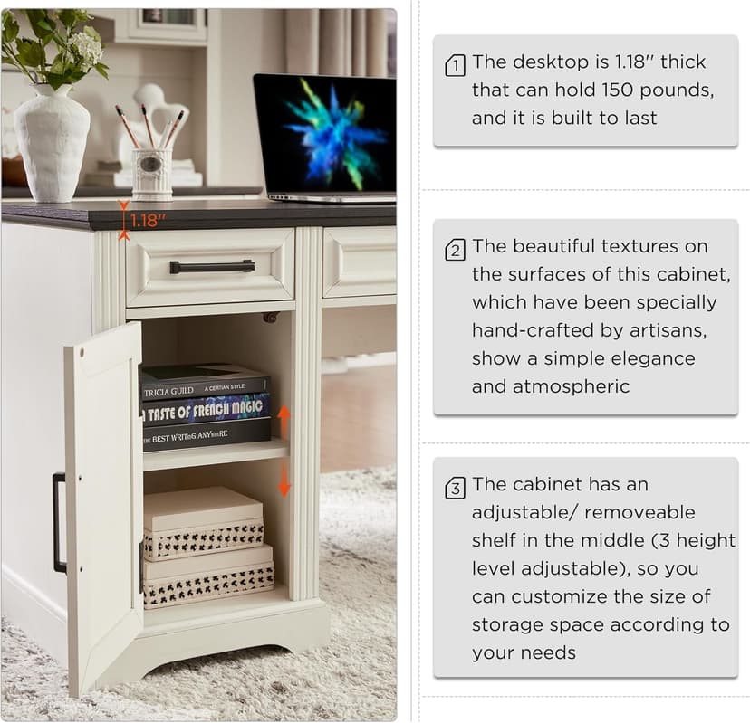 JXQTLINGMU 58" Executive Desk, Farmhouse Computer Desk with Drawers and Cabinet, Embossed Texture Home Office Desk w/Charging Station, Workspace for Work Study Writing, Off White