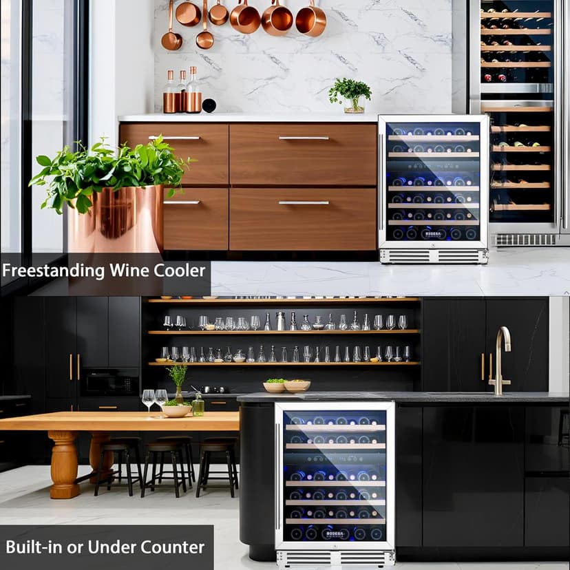 BODEGA 24 Inch Wine Cooler Refrigerator, 46 Bottle Dual Zone Wine Fridge with Double-Layer Tempered Glass Door,wine refrigerator with Temperature Memory Function, Built-in or Freestanding wine cooler.