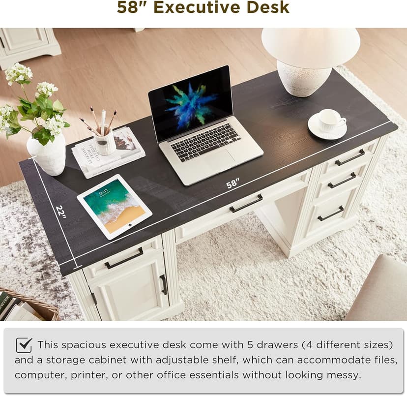 JXQTLINGMU 58" Executive Desk, Farmhouse Computer Desk with Drawers and Cabinet, Embossed Texture Home Office Desk w/Charging Station, Workspace for Work Study Writing, Off White