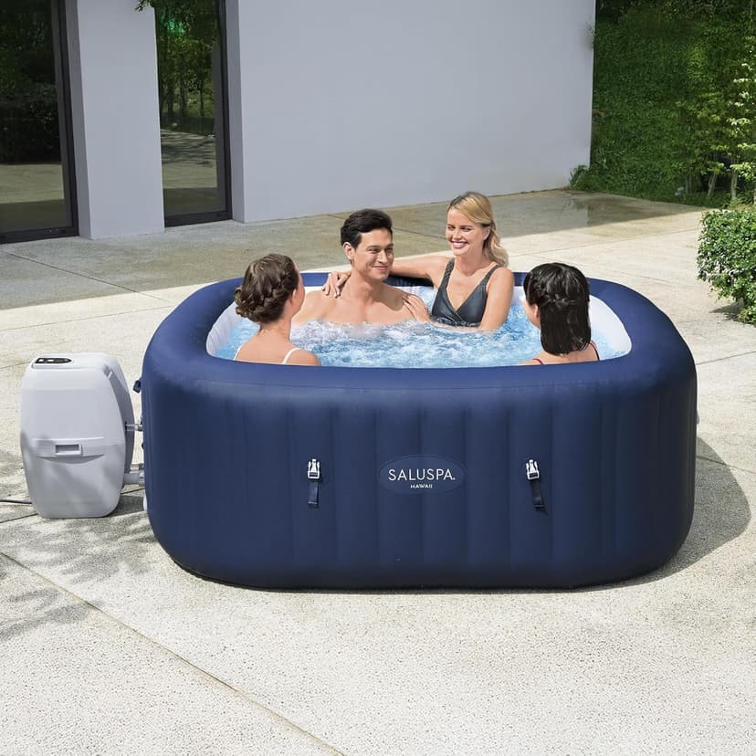 Bestway SaluSpa Hawaii AirJet 4 to 6 Person Inflatable Hot Tub Square Portable Outdoor Spa with 140 AirJets and EnergySense Energy Saving Cover, Blue
