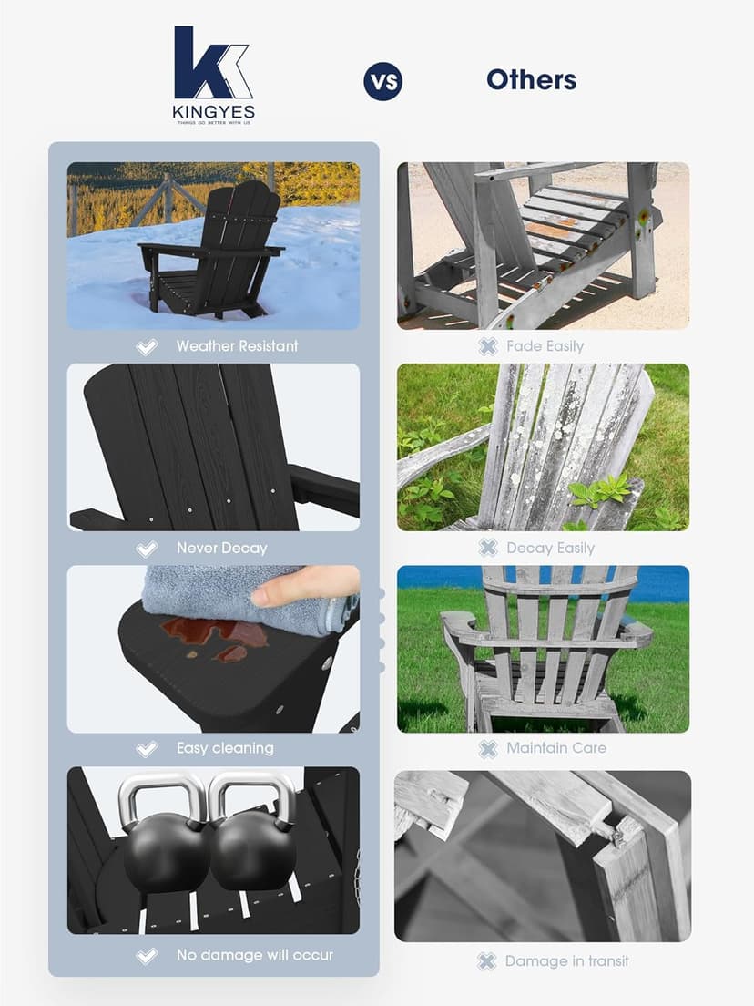 KINGYES Folding Adirondack Chair Set of 6, HDPE All-Weather Patio Chairs, Wooden Textured Lawn Chair for Poolside, Backyard, Deck, Fire Pit, Black