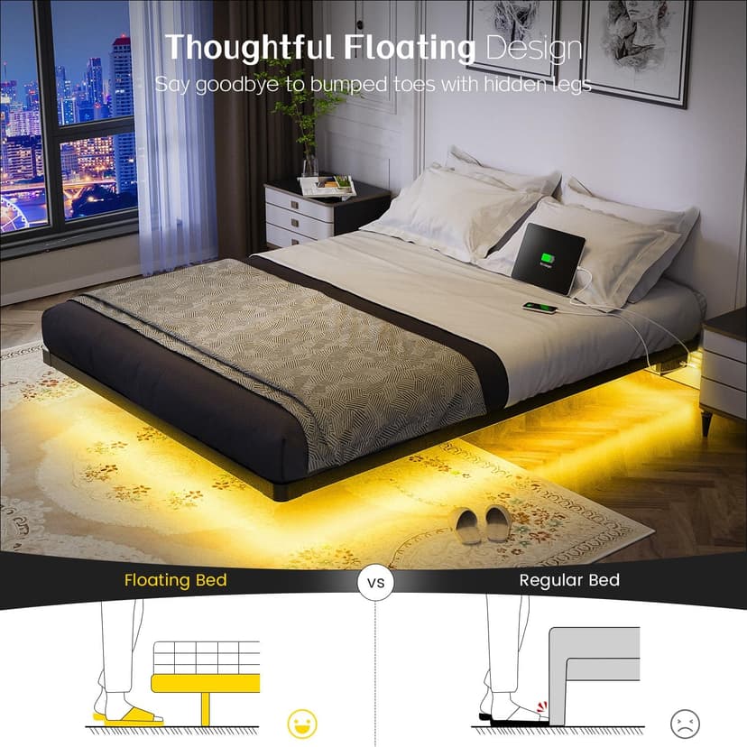 OLEVS Floating Bed Frame Full Size with Smart LED Lights and Charging Station - Modern Metal Platform Bed, Easy Assembly No Box Spring Needed