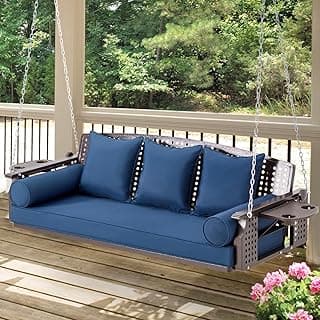 3 Seat Porch Swing, Patio Swing Bench with Cup Holders & 3 Back Cushions, Swing Chair with Chains for Deck Garden Backyard,Blue