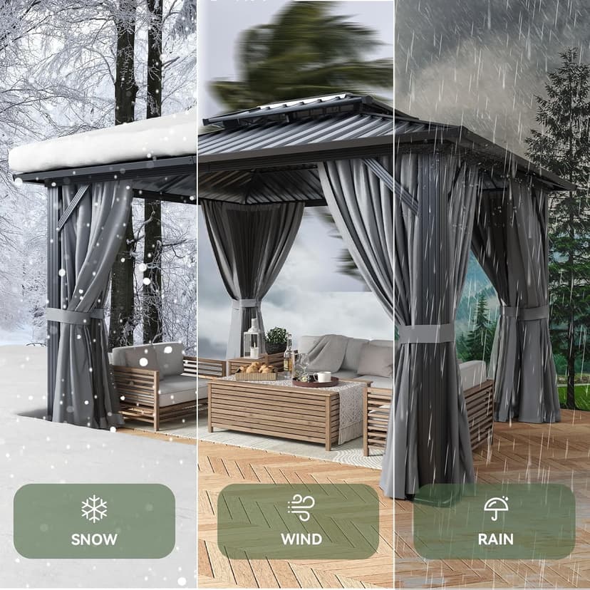 Aoxun Hardtop Gazebo 10x12, Aluminum Frame Canopy with Double Galvanized Steel Roof, Outdoor Gazebo with Breathable Netting and Privacy Curtain for Backyard