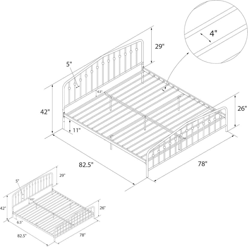 Novogratz Bushwick Modern Metal Bed, Slightly Triangular Headboard and Footboard with Inset Spindles, Adjustable Base Height for Underbed Storage, Requires No Box Spring, King Size - Black