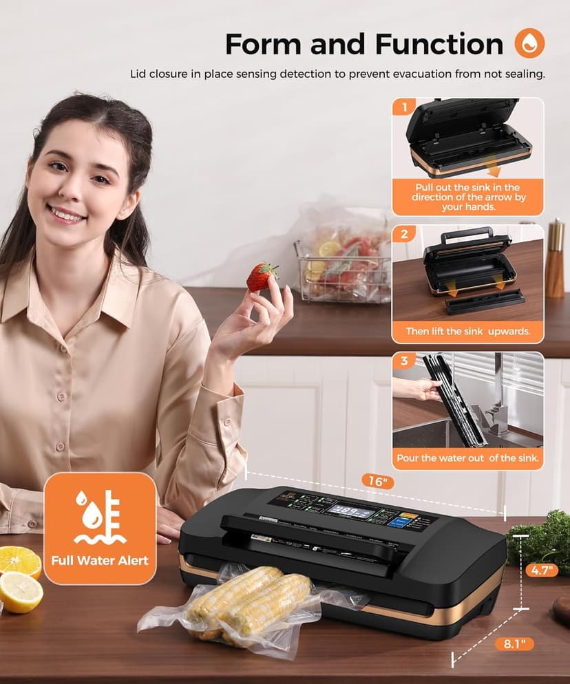95kpa Vacuum Sealer Machine,Commercial Full Automatic Food Sealer,10-in-1 Sealing System with Double Heat Seal,Bags Storage, Easy-Lock Handle,Build-in Cutter,1 Bag Rolls and 10 pcs Pre-cut Bags