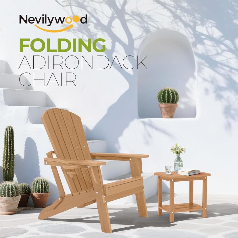 nevilywood Folding Adirondack Chair - Extended Ergonomic Backrest, Cup Holder - Easy Assembly - Durable HDPE Plastic, Weather Resistant & Maintenance-Free - Lawn, Patio, Deck Supports 400lbs Teak