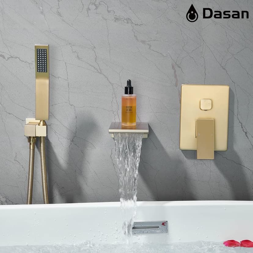 DASAN Waterfall Tub Filler Faucet Wall Mount with Hand Shower, Modern Wall Mounted Bathtub Faucet Brushed Gold Tub Faucet with High Flow Rough in Valve, SA-TF01WH-BG