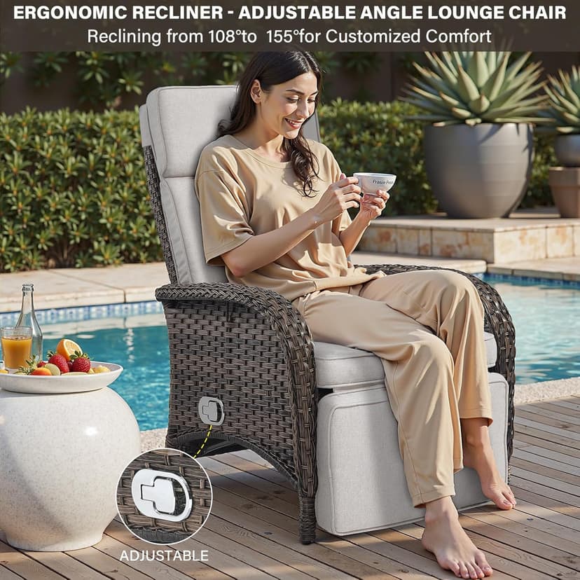 Versatile Outdoor Recliner Chair - Reclining Patio Chair with Adjustable Backrest and Footrest, All-Weather Wicker Chaise Lounge Chair Outdoor for Pool Deck Brown
