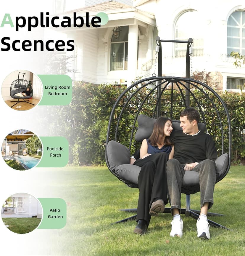 Double Egg Chair wth Stand Hammock Swing Chair Foldable Hanging Loveseat, UV Resistant Removable Cushions, 700LBS Capacity for Bedroom, Balcony, Garden(BK-GR)