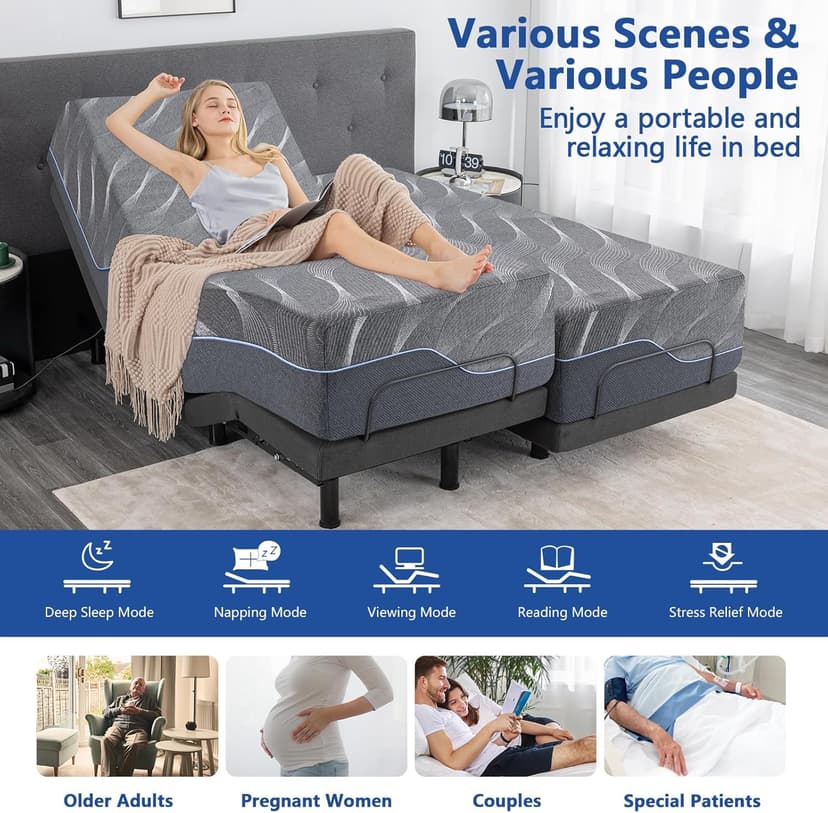 Split King Adjustable Bed Frame with Mattress, 12 Inch Grey Gel Memory Foam Medium-Firm Mattress in Box, Easy Assembly Adjustable Bed Base with Wireless Remote, Smart Electric Bed Frame