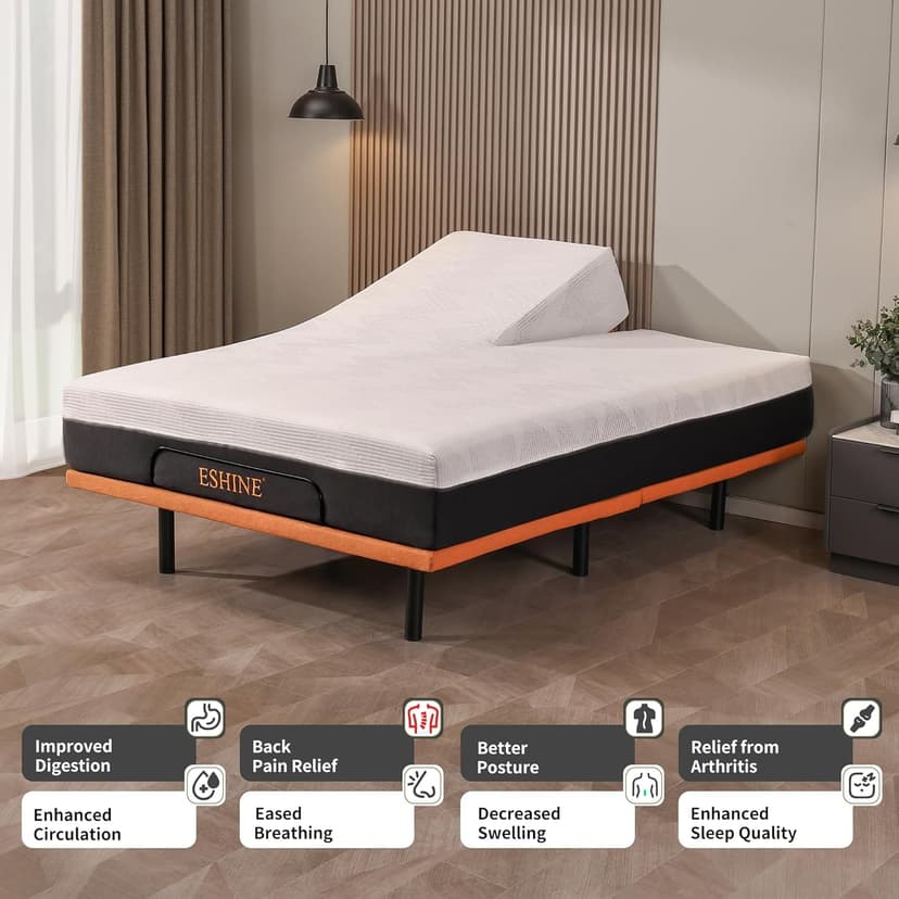 ESHINE Split Queen Adjustable Bed Frame with Mattress - 14" Gel Memory Foam Mattress, USB Ports, Underbed Night Light, Head and Foot Incline, Top Split Queen, Orange