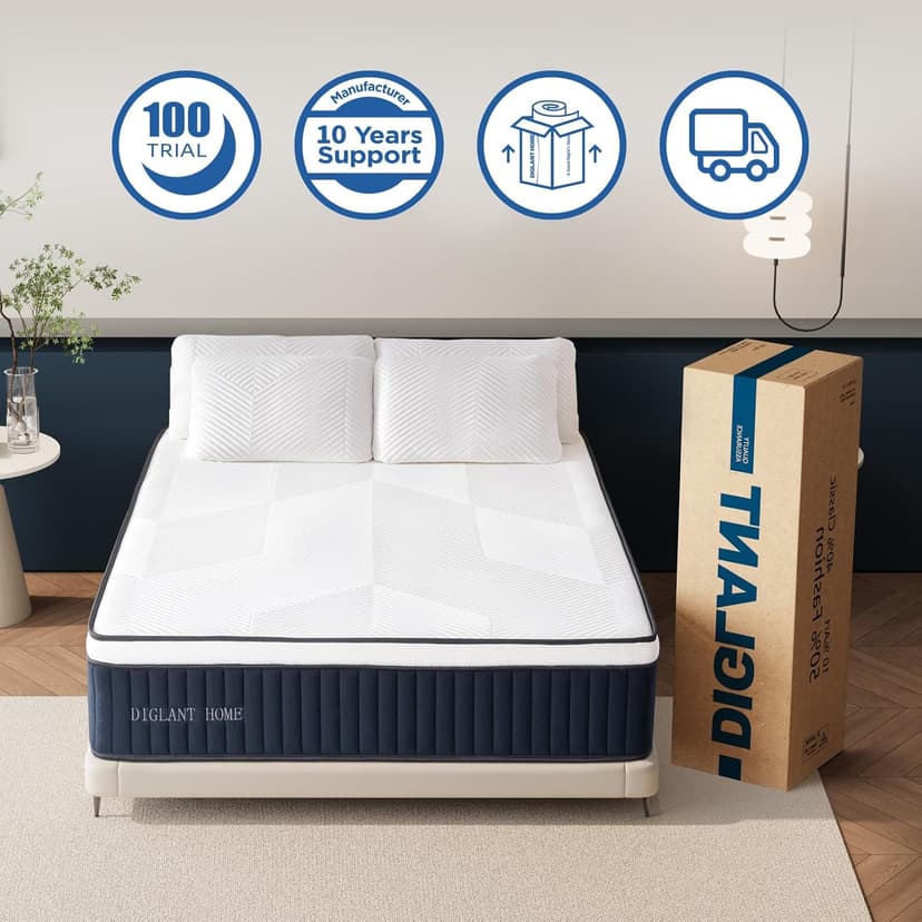 Queen Mattress, DIGLANT 14Inch Euro Top Memory Foam Hybrid Mattress, Medium Plush Feel Pocket Springs Queen Size Mattress for Pressure Relief, Edge Support Mattress in Box, CertiPUR-US, 60"*80"