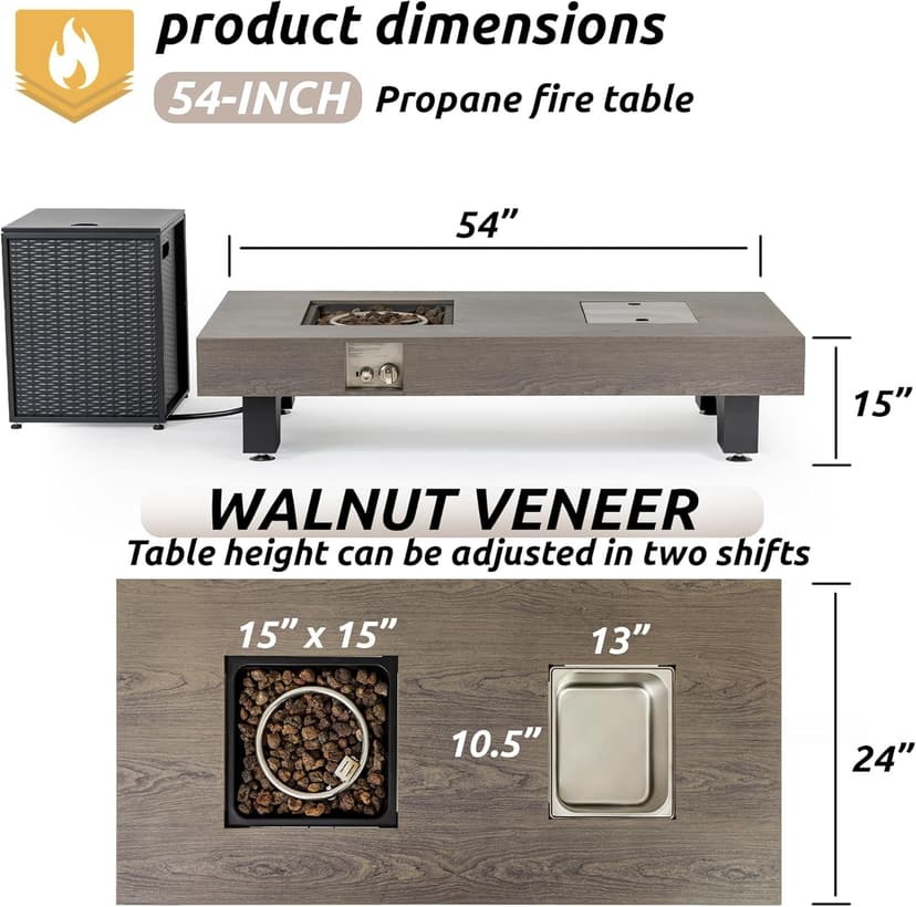Propane Fire Pit,Outdoor Gas Fire Pit Table with Rain Cover,Rectangular Heater for Patio, Backyard, Deck,50,000BTU Outdoor Modern Patio Fire Pit (Wood, 54)