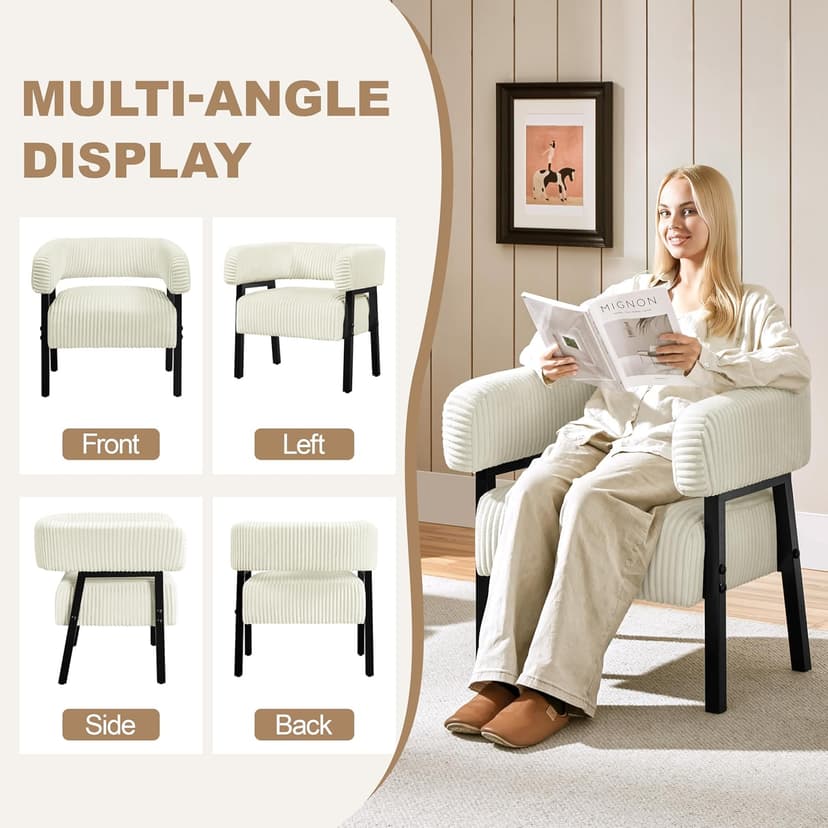 Yaheetech Corduroy Barrel Accent Chair Set of 2, Modern Upholstered Armchair with Solid Wood Legs, Cozy Leisure Chair with Pocket Coiled Seat for Living Room, Bedroom, Reading Nook Beige