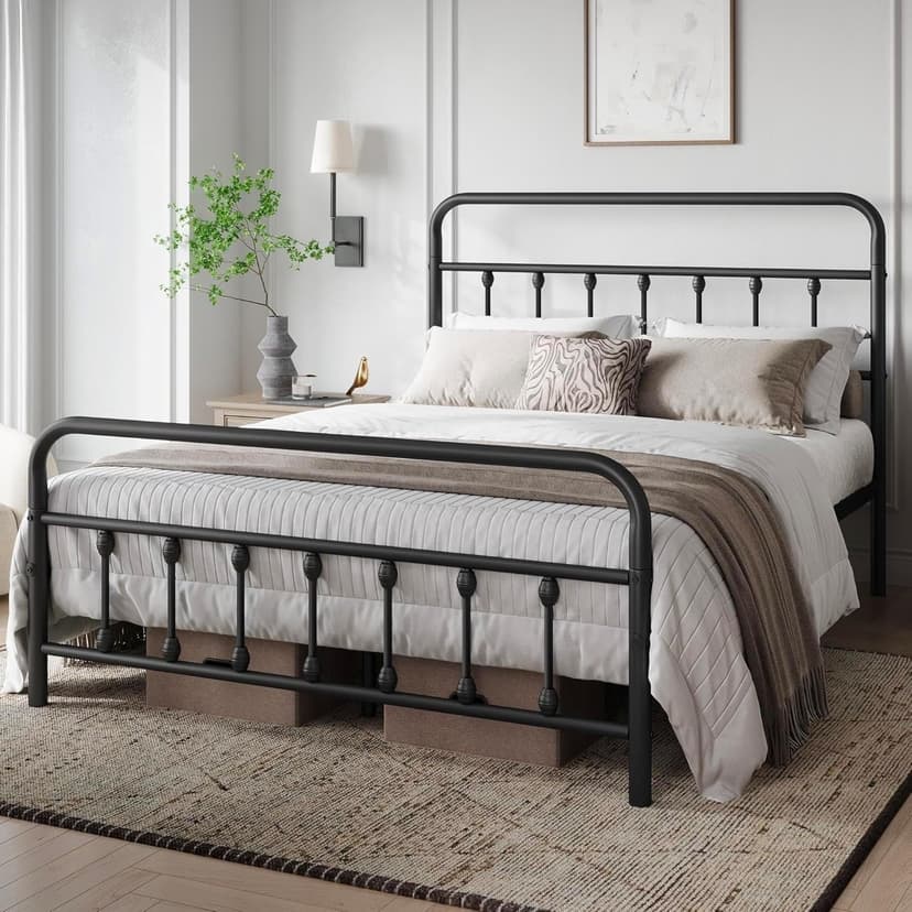 Queen Bed Frame-Classic Metal Platform Bed Frame Mattress Foundation with Victorian Style Iron-Art Headboard/Footboard/Under Bed Storage/No Box Spring Needed/Black