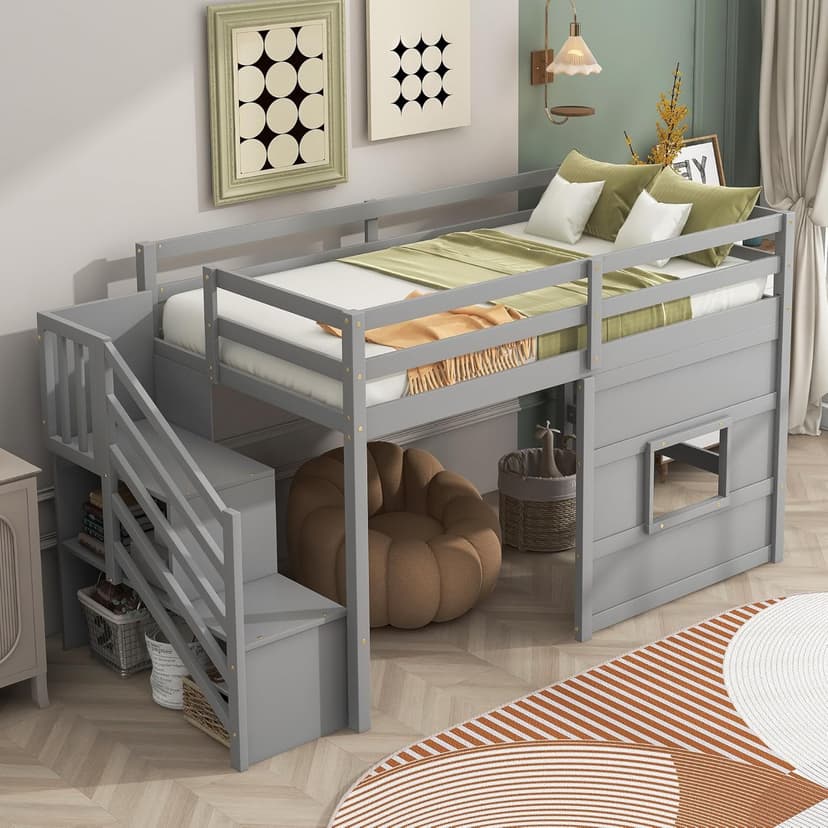SOFTSEA Low Loft Bed with Stairs, Twin Size Loft Bed with Storage Staircase and Window, Kids Low Loft Bed Frame with Playhouse for Teens Juniors, No Box Spring Needed, Grey