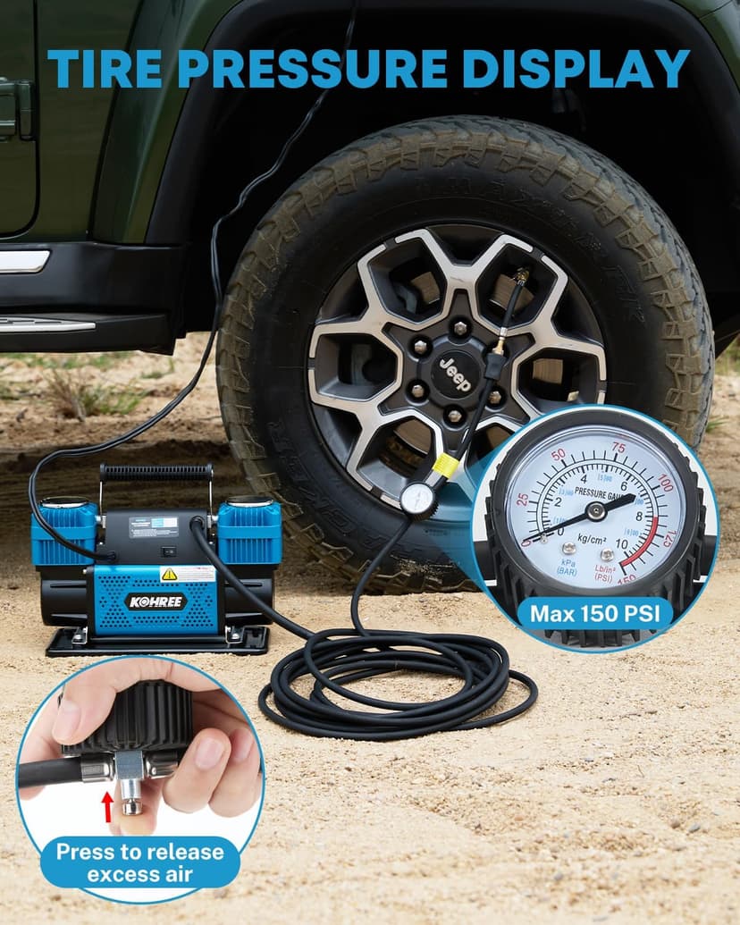 Kohree 12V Dual Cylinder Air Compressor, 12.35 ft³/Min Fast Tire Inflator, Portable Heavy Duty Tire Pump with Max 150 PSI for Offroad Truck, RV, 4x4 Vehicles