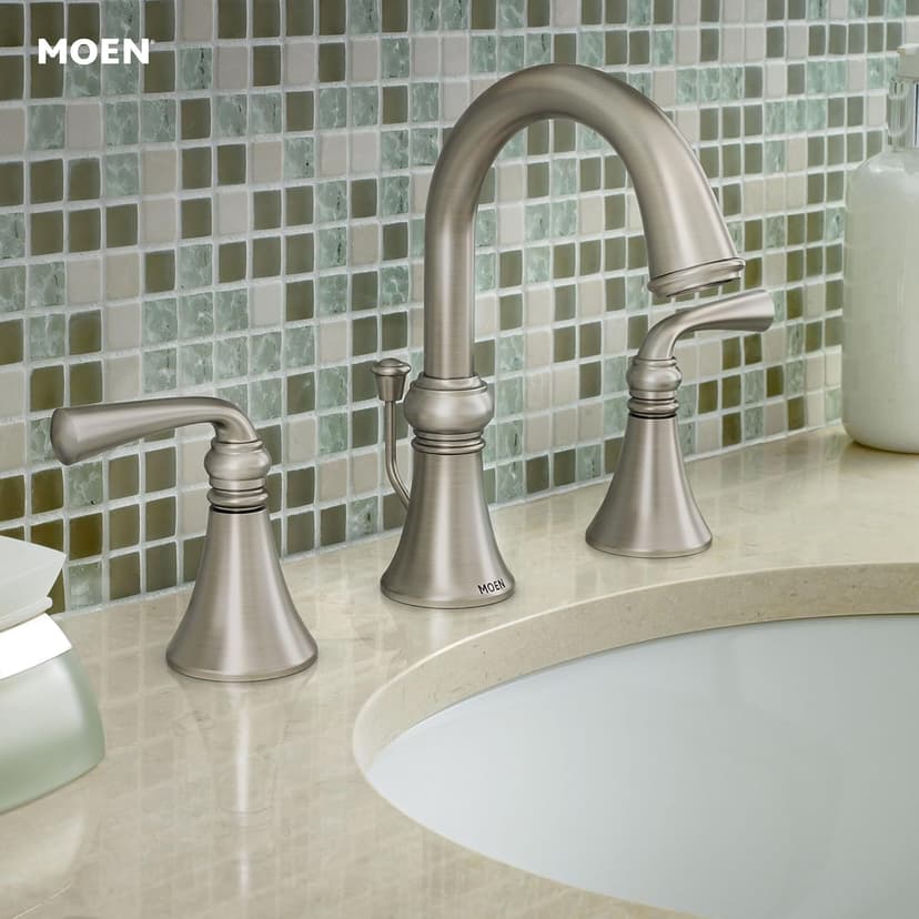 Moen Wetherly Spot Resist Brushed Nickel Two-Handle Widespread Bathroom Faucet with Valve Included, Bathroom Faucets for Sink 3-hole Deck Mounted Setup, WS84855SRN