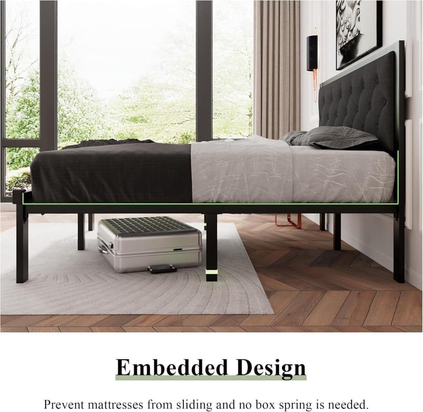 Feonase Full Size Metal Bed Frame, Heavy-Duty Platform Bed Frame with Linen Upholstered Headboard, 12" Storage Space, Steel Slats Support, No Box Spring Needed, Gray