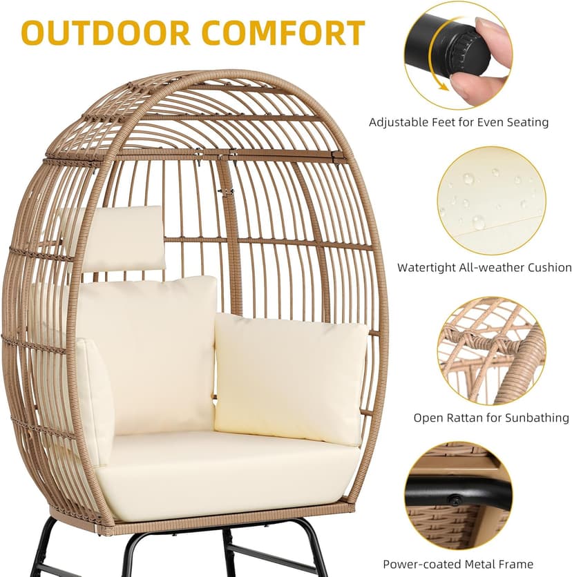 YITAHOME Accent Living Room Egg Chair w/ 2-in-1 Ottoman, Wicker Oversized Basket Chair with 5 Thick Cushions, Footrest, Comfy Recliner Lazy Chair for Indoor, Bedroom, Reading Room, Lounge (Beige)