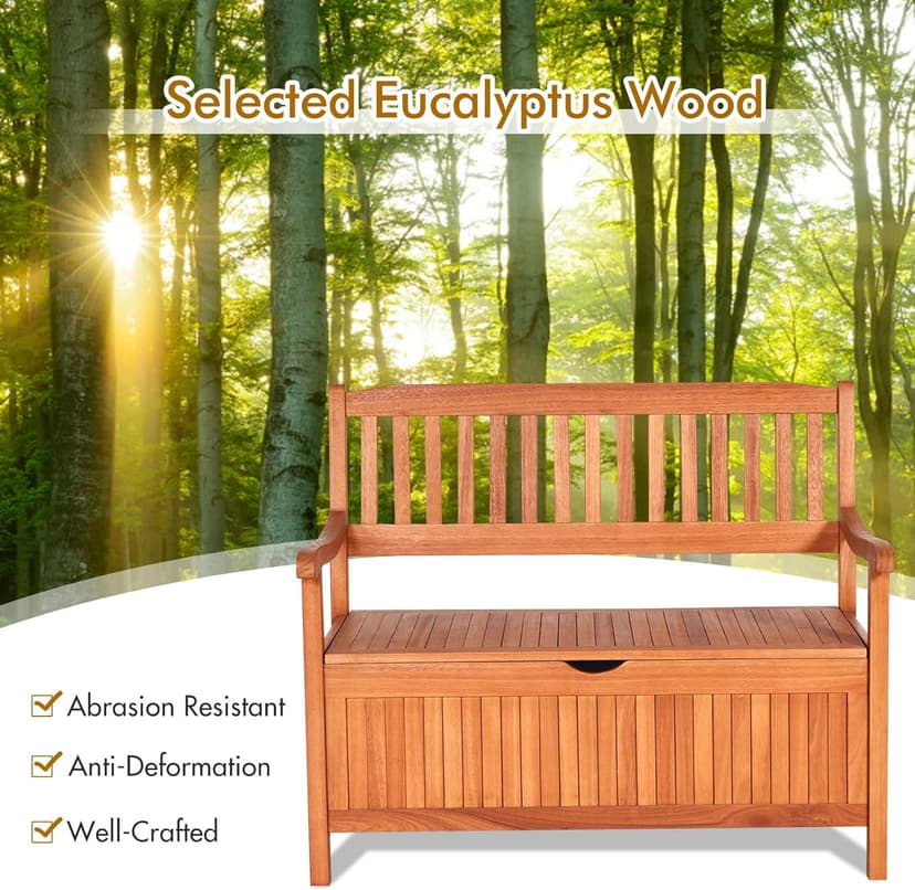 Safstar Outdoor Patio Bench with Storage Box, 33 Gallon Capacity, Wooden Frame, Eucalyptus Material, Natural Color, 42 x 23 x 35.5 Inches