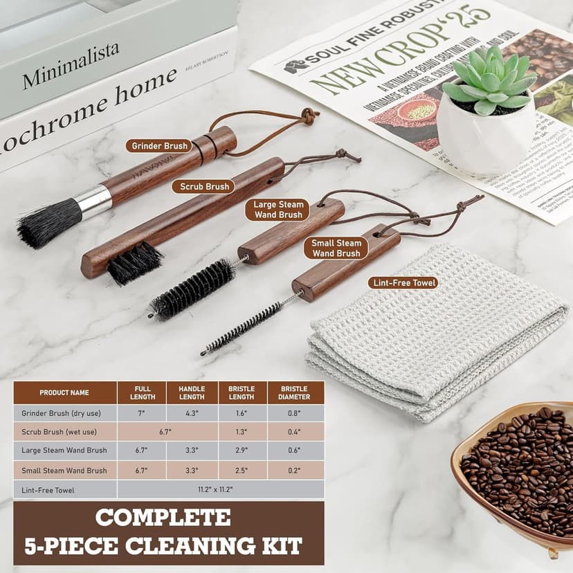 Takavu Coffee Grinder Cleaning Kit – 5pcs Boar Bristle Grinder Brush, Detail Scrub Brush, Steam Wand Brushes & Microfiber Towel for Espresso Machine Coffee Maker Pour Over