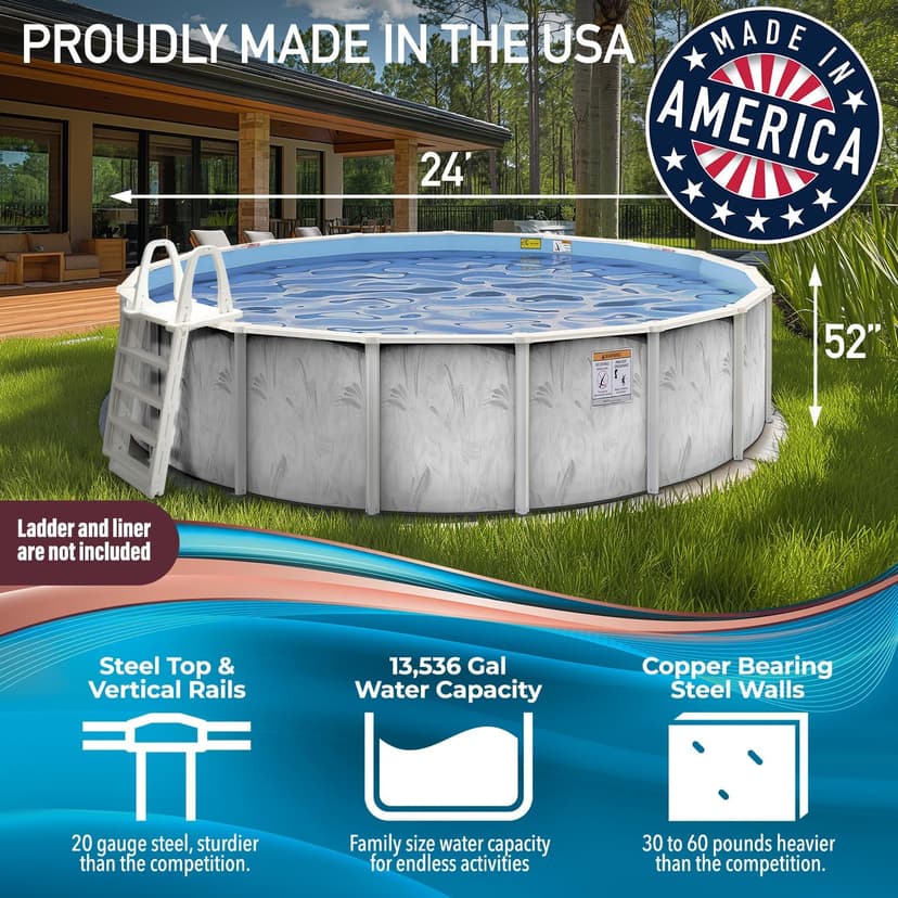 Hollowell Industries - Manufacturers of Doughboy Pools, 24 Ft x 52 Inch Deep Above Ground Pool with Skimmer - Hard Sided Steel Wall Pool, Brush Stroke Pattern - Made in USA
