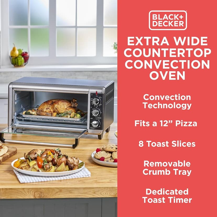 BLACK+DECKER 8-Slice Extra Wide Convection Toaster Oven, Fits 9"x13" Oven Pans and 12" Pizza, Bake, Toast, Broil, and Keep Warm Functions, Countertop Compact Design with Stainless Steel Finish