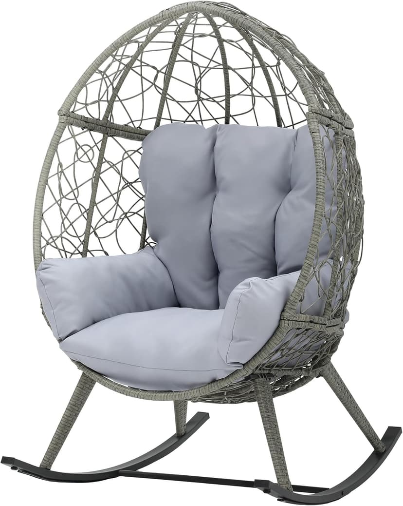 DWVO Wicker Rocking Egg Chair, Oversized Indoor Outdoor Rattan Rocking Chair, Indoor Outdoor Lounger for Patio, Backyard, Living Room, Light Gray