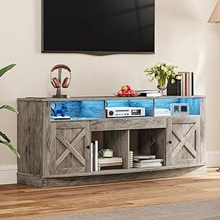DWVO TV Stand for 75/80 Inch TV, Entertainment Center, LED Light Media Console, TV Cabinet with Barn Doors and Power Outlet for Living Room, Washed Grey