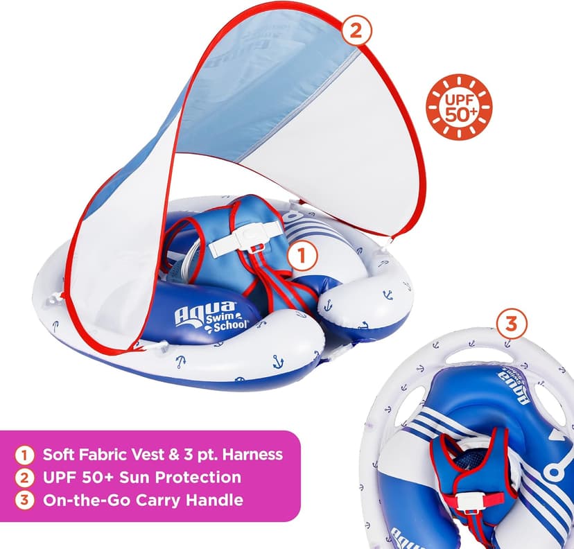 SwimSchool Freestyle Swimmer Baby Pool Float with Multi-Position, Adjustable Safety Seat, Free Swimming, Dual Air Chambers Safe, Red-White-Blue Nautical