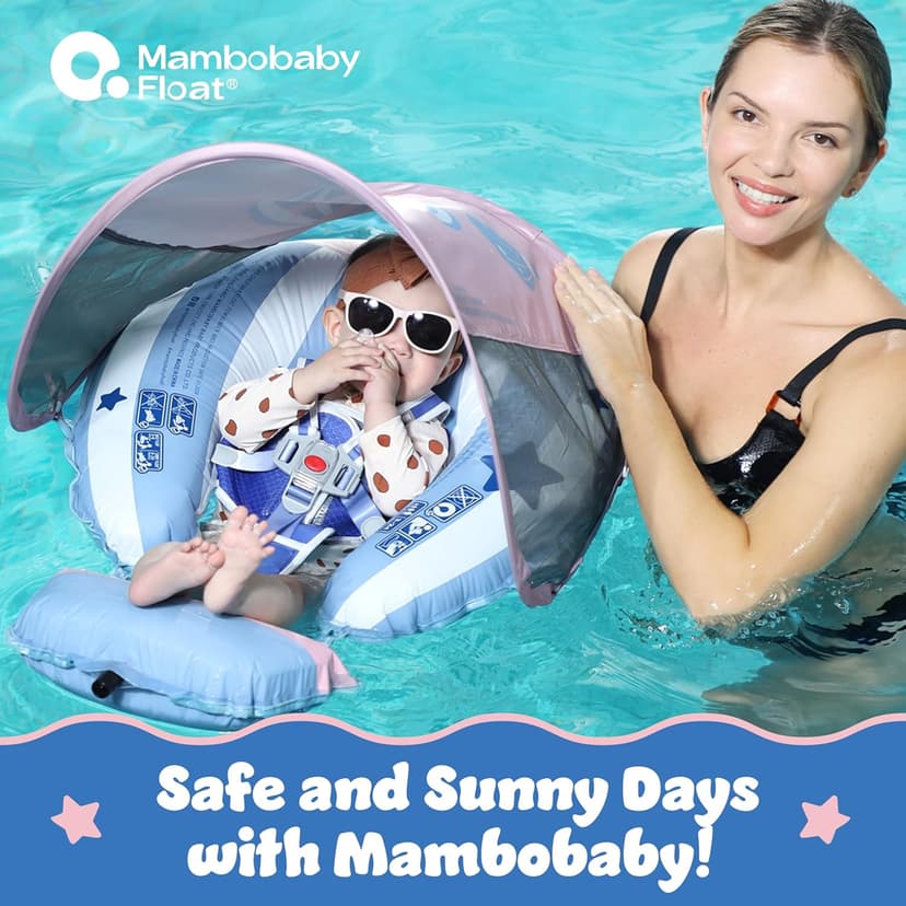 MAMBOBABYFLOAT Light Traveler 2025 — Safe, Comfortable, Adjustable Baby Pool Float with Canopy — Sun Protection, Self-Inflating, 5-Way Buckle System (Hot Air Balloon, Pink)