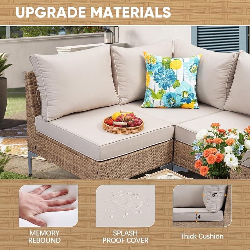 7 Piece Wicker Patio Furniture Set,Outdoor Conversation Sectional Sofa w/Coffee Table,All-Weather Outdoor Sofa with Thick and Anti-Slip Cushions for Deck,Poolside,Garden,Beige