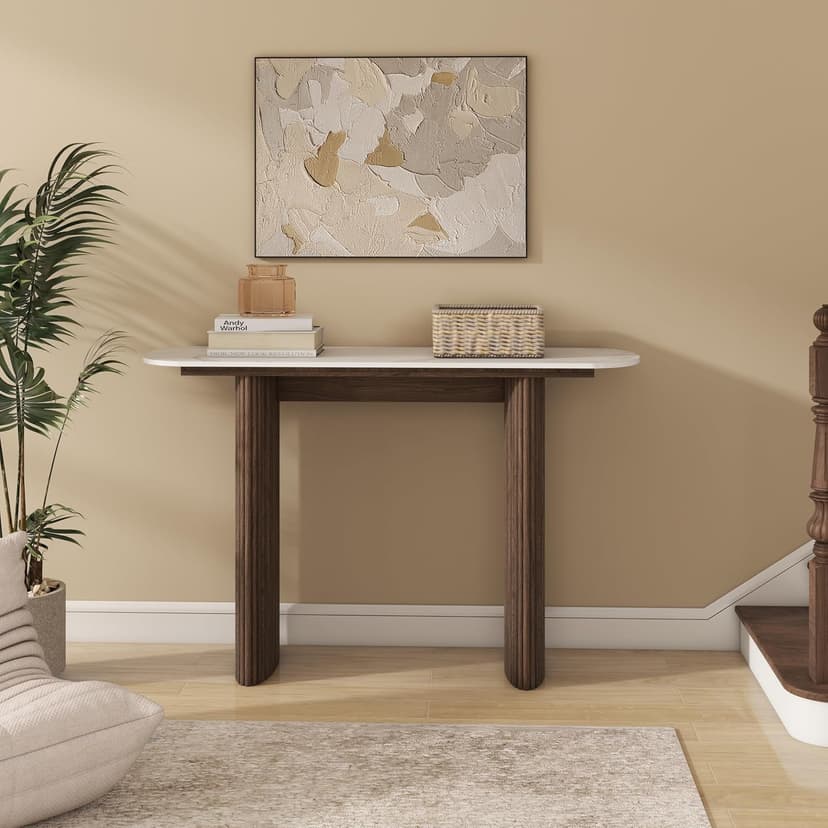 47.24" Walnut Console Table with Sintered Stone Top, Fluted Solid Wood Base Sofa Table, Mid Century Modern Entryway Table for Hallway, Behind The Couch, Living Room, Foyer, Easy Assembly